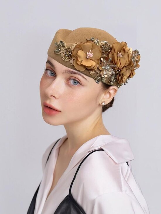 Women\'s British Felt hat Church Derby Headdress Floral Beret hat Khaki main image 5